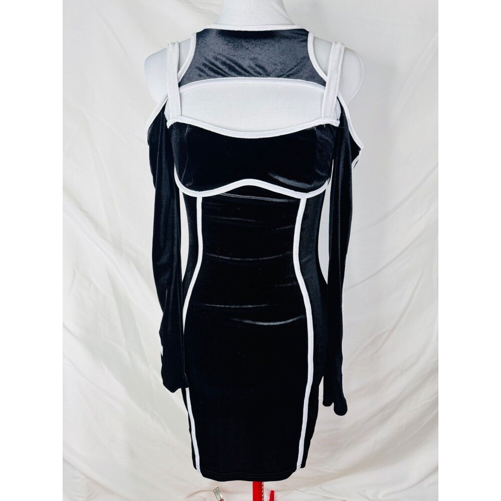 RARE Dolls Kill Miss 8 Black White Strappy Sleeve Velvet Bodycon Goth Baddie EUC